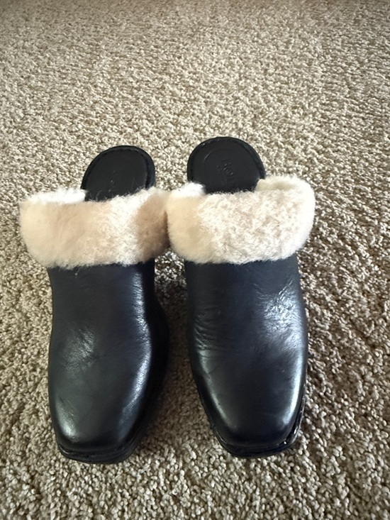 Born Shoes - Born Black Leather Mules with Cream Shearling Trim